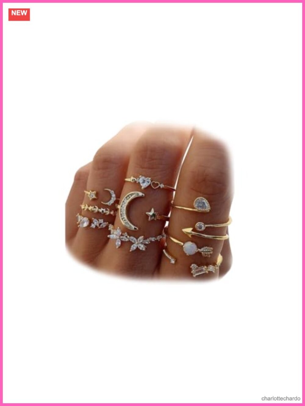 9 Piece Moon & Star Knuckle Stackable Ring Set - Gold Alloy Rhinestone Bohemian